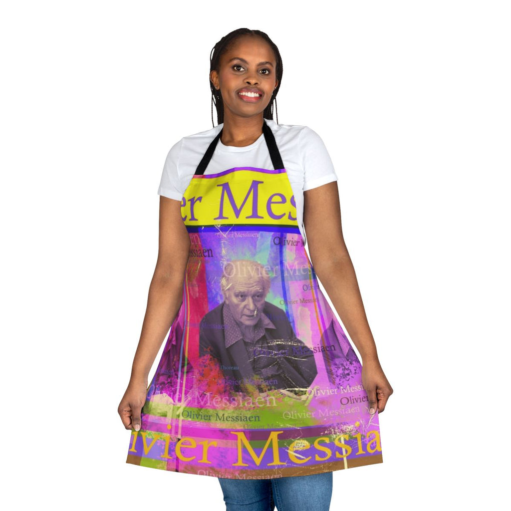 Artistically designed apron featuring a portrait of the renowned composer Olivier Messiaen, known for his groundbreaking work in classical music and ornithology.