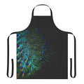 An abstract modern apron featuring a vibrant peacock feather pattern on a black background.