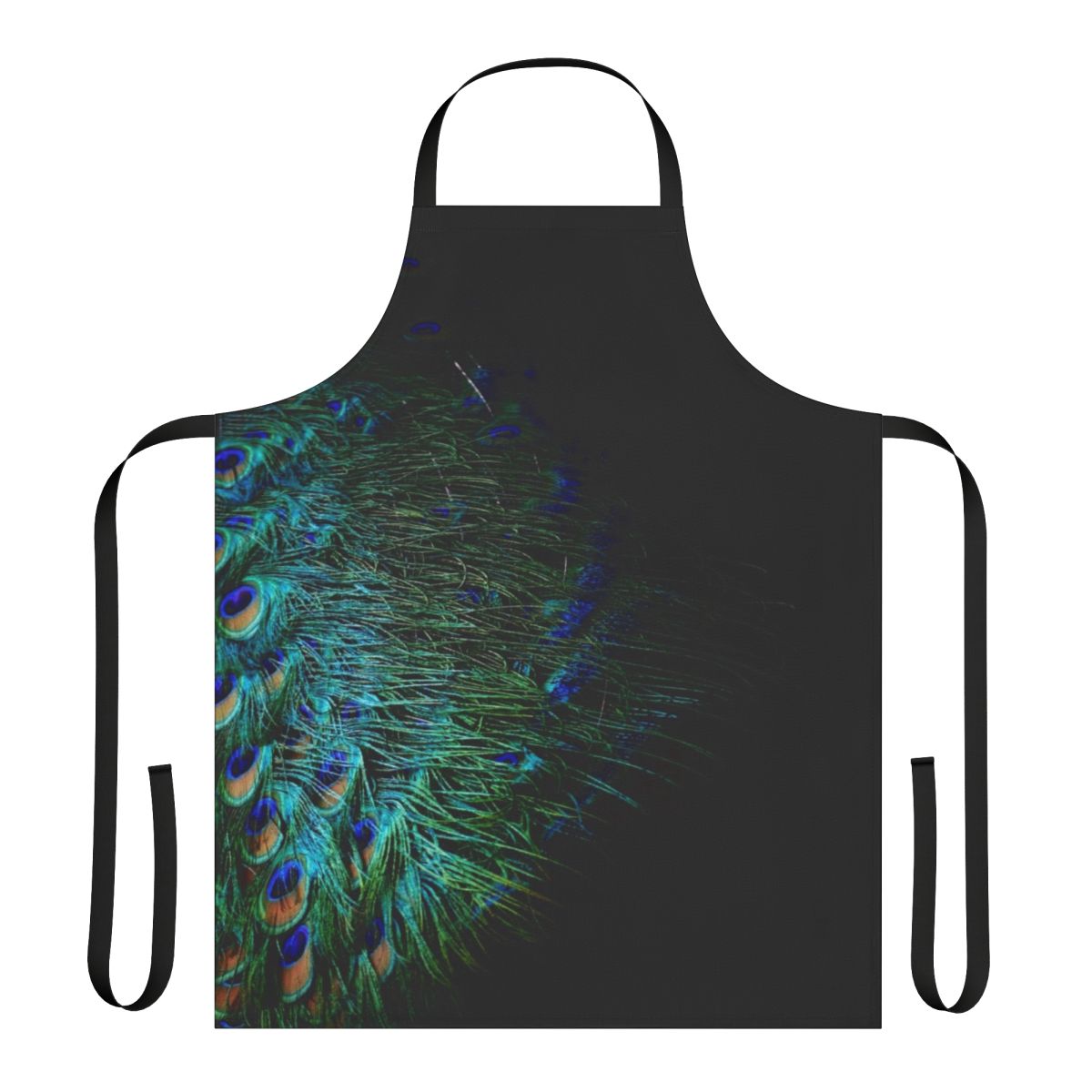 An abstract modern apron featuring a vibrant peacock feather pattern on a black background.