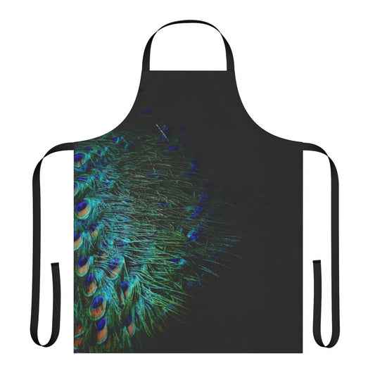 An abstract modern apron featuring a vibrant peacock feather pattern on a black background.