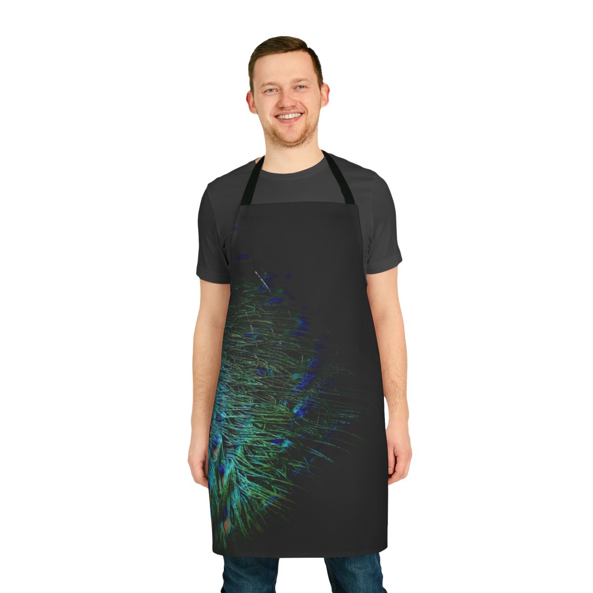 An abstract modern apron featuring a vibrant peacock feather pattern on a black background.