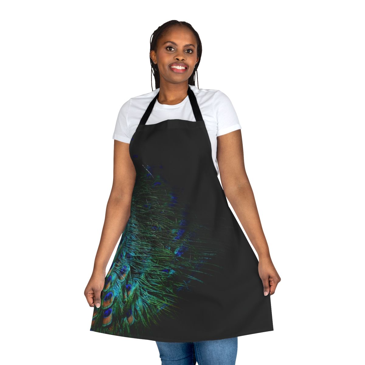 An abstract modern apron featuring a vibrant peacock feather pattern on a black background.
