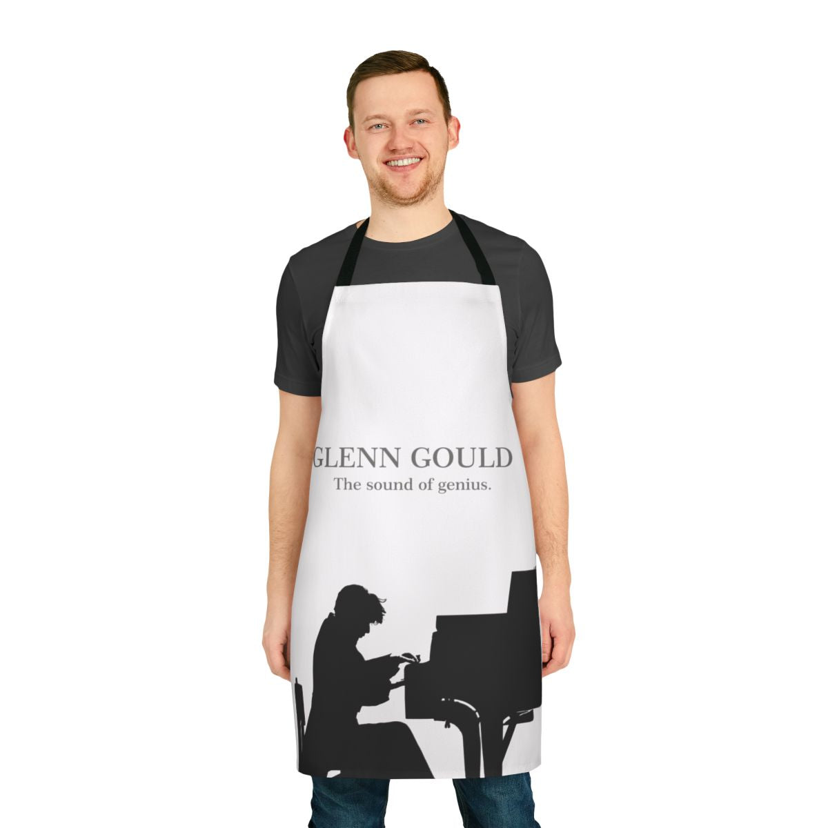 Apron depicting Glenn Gould, the renowned Canadian pianist, playing the piano.