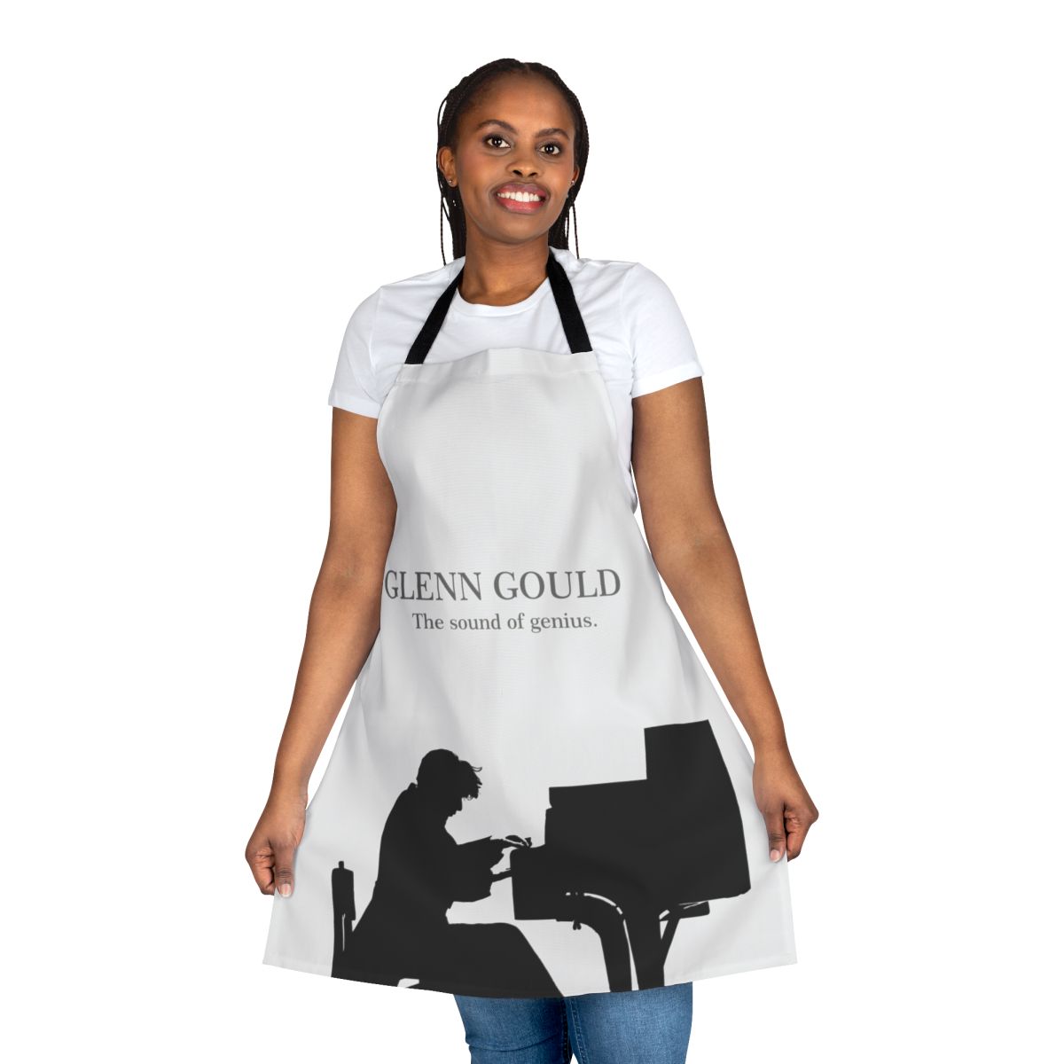 Apron depicting Glenn Gould, the renowned Canadian pianist, playing the piano.