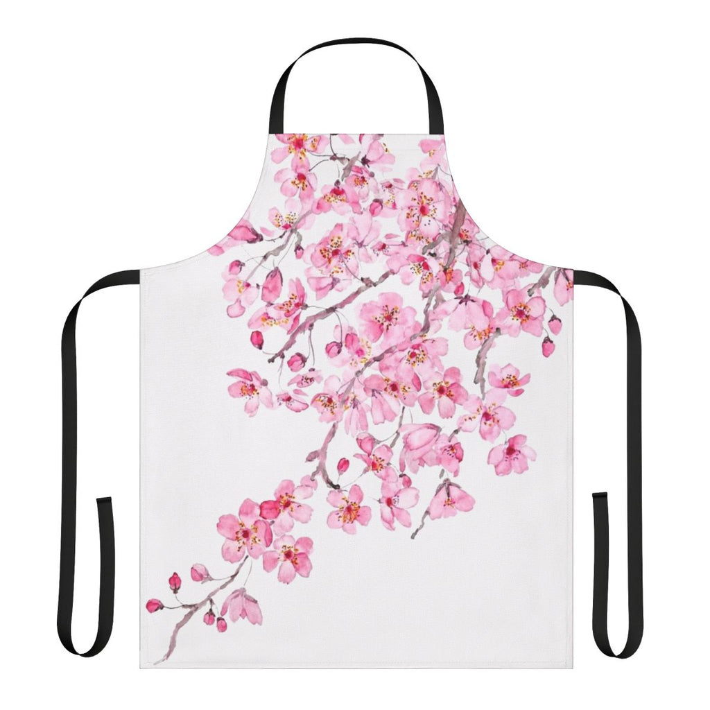 Close-up of a pink cherry blossom watercolor design on a high-quality apron