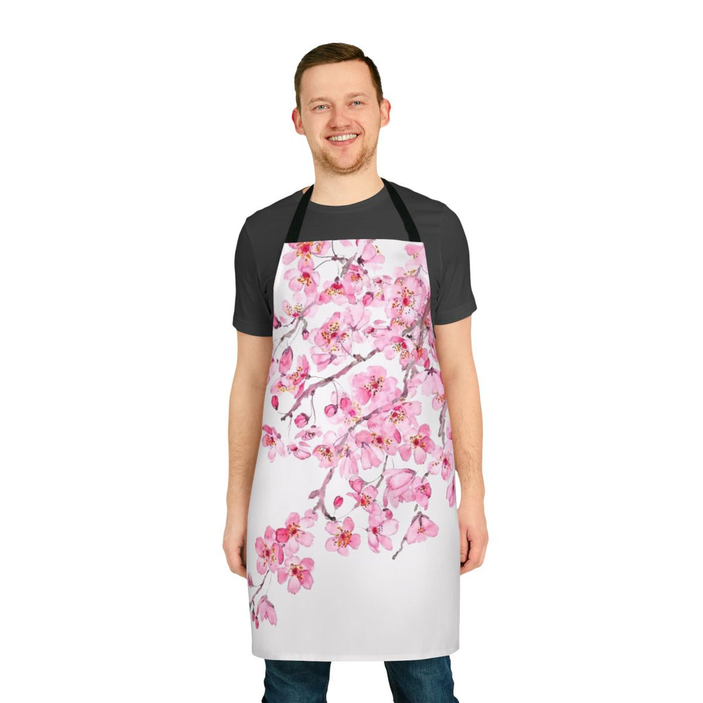 Close-up of a pink cherry blossom watercolor design on a high-quality apron