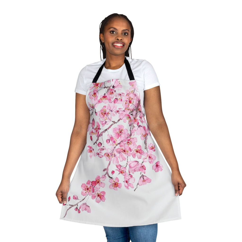 Close-up of a pink cherry blossom watercolor design on a high-quality apron