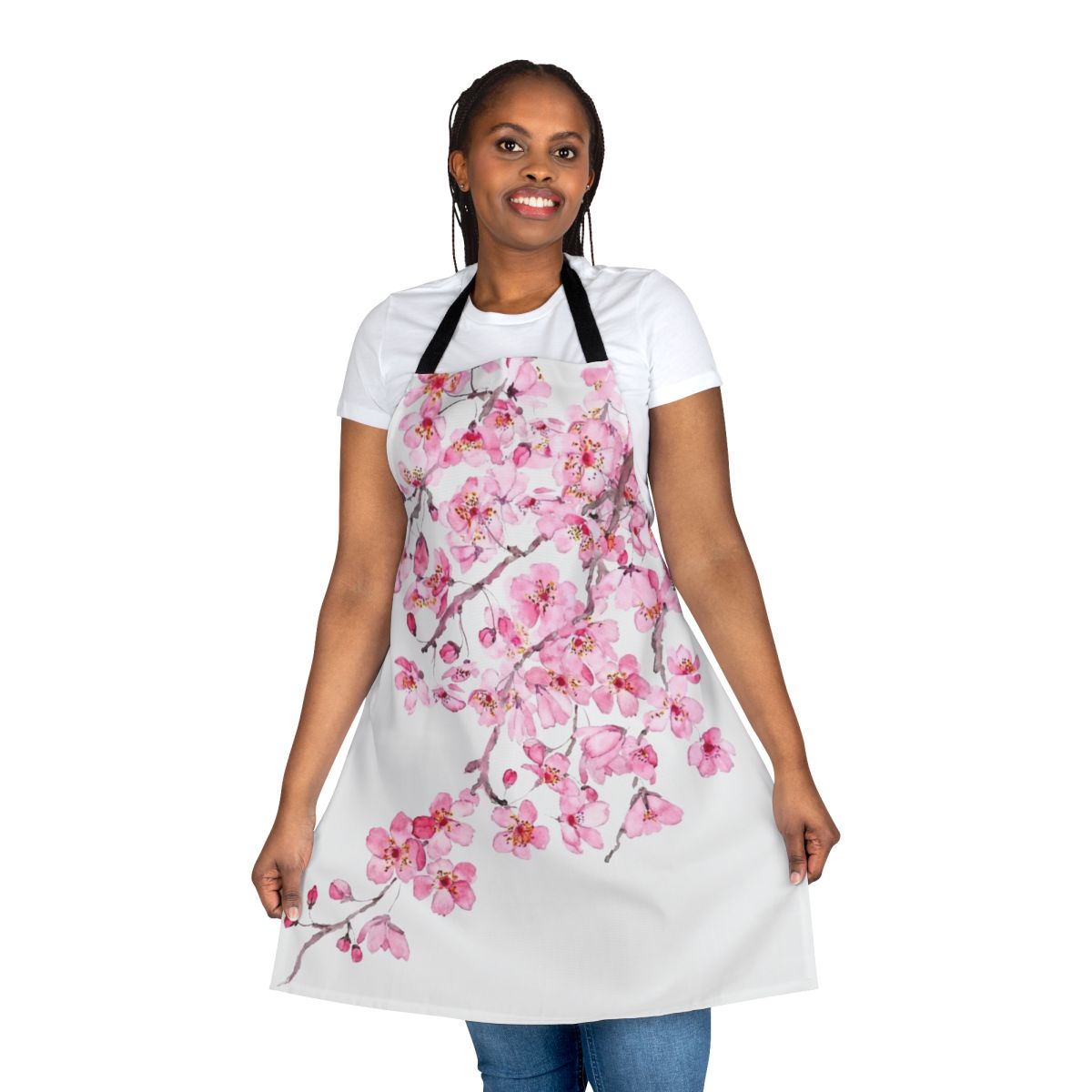 Close-up of a pink cherry blossom watercolor design on a high-quality apron