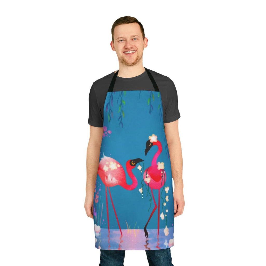Vibrant pink flamingo design on a high-quality cooking apron
