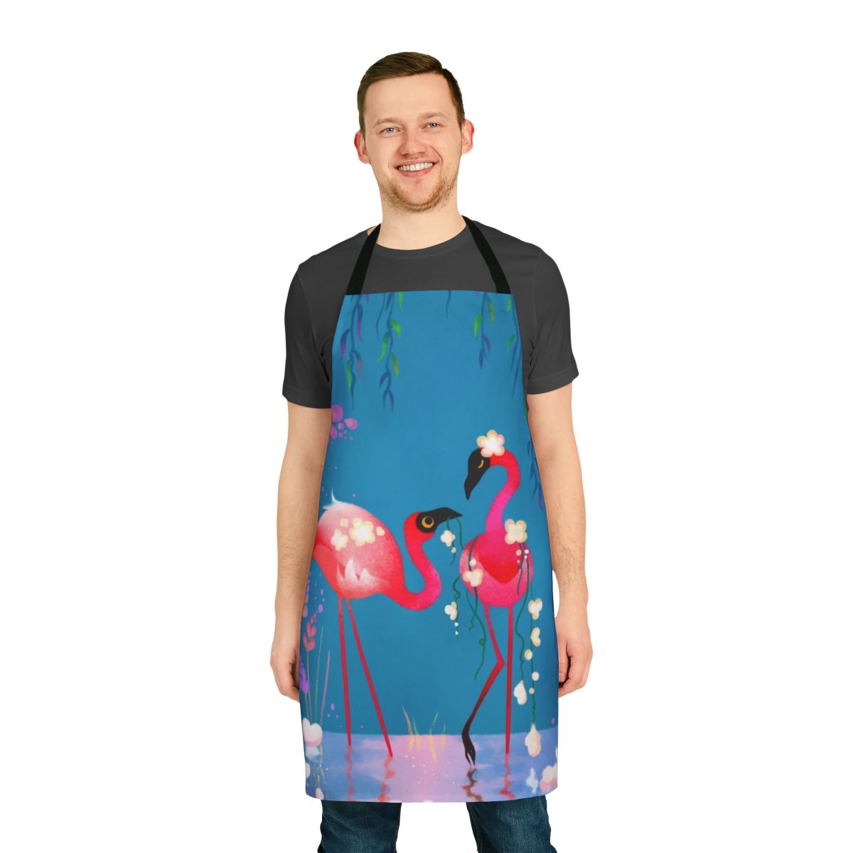 Vibrant pink flamingo design on a high-quality cooking apron