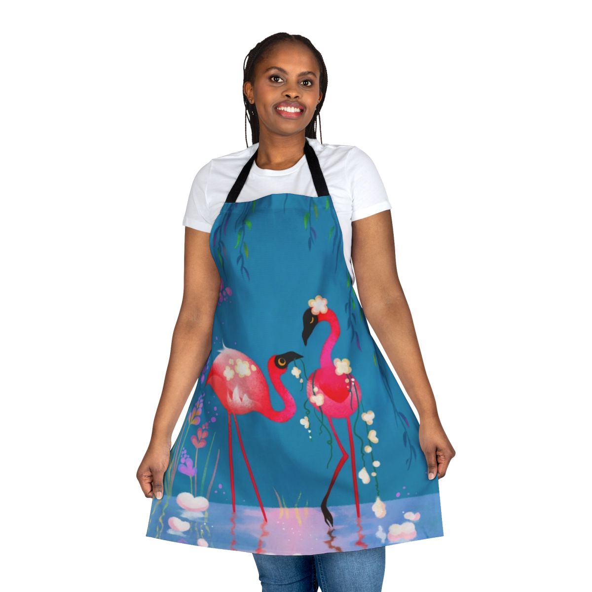 Vibrant pink flamingo design on a high-quality cooking apron
