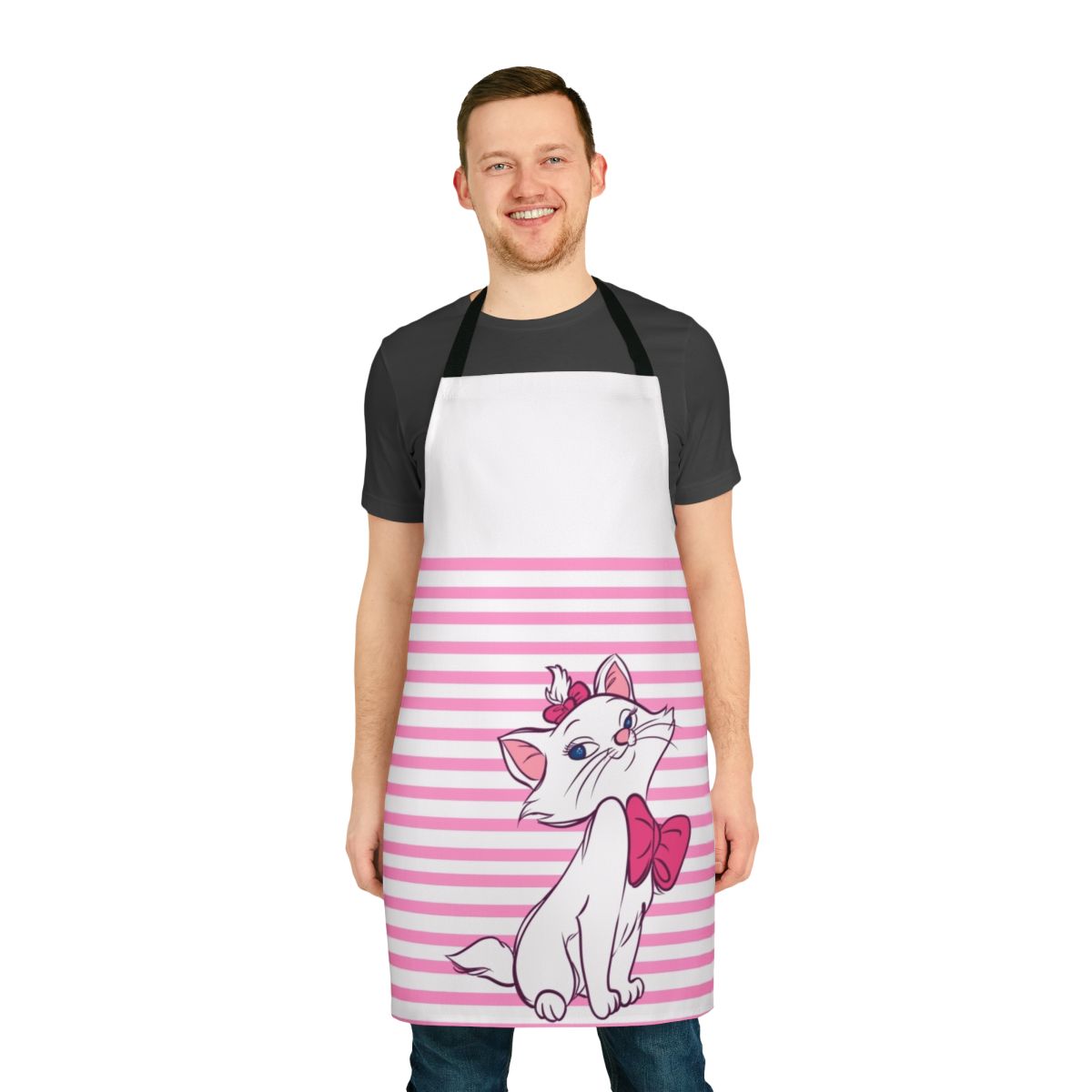 Feminine pink and white striped apron with a charming cat design, inspired by the classic Disney film The Aristocats.