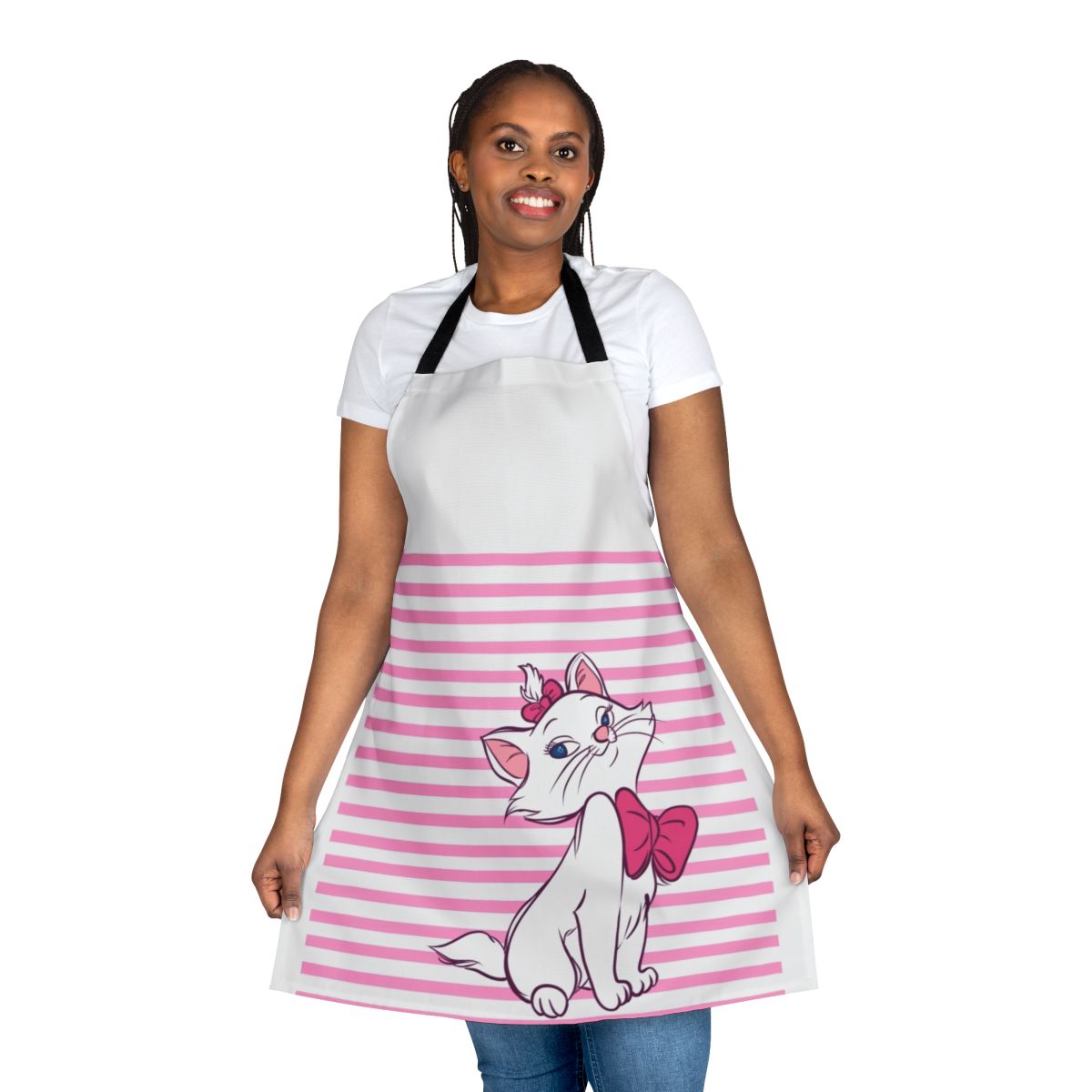 Feminine pink and white striped apron with a charming cat design, inspired by the classic Disney film The Aristocats.