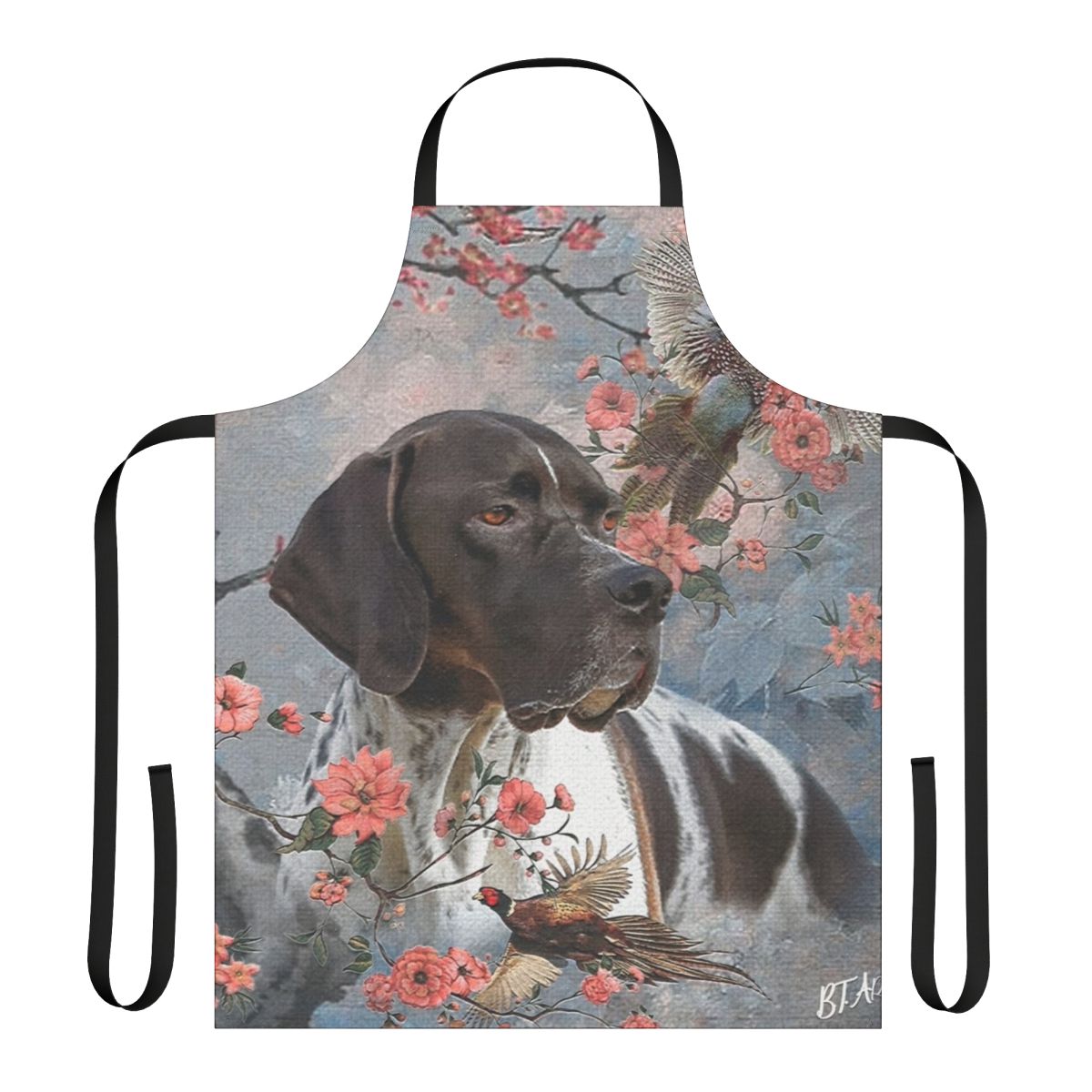 Beautiful apron featuring an English pointer dog in a hunting pose against a floral background