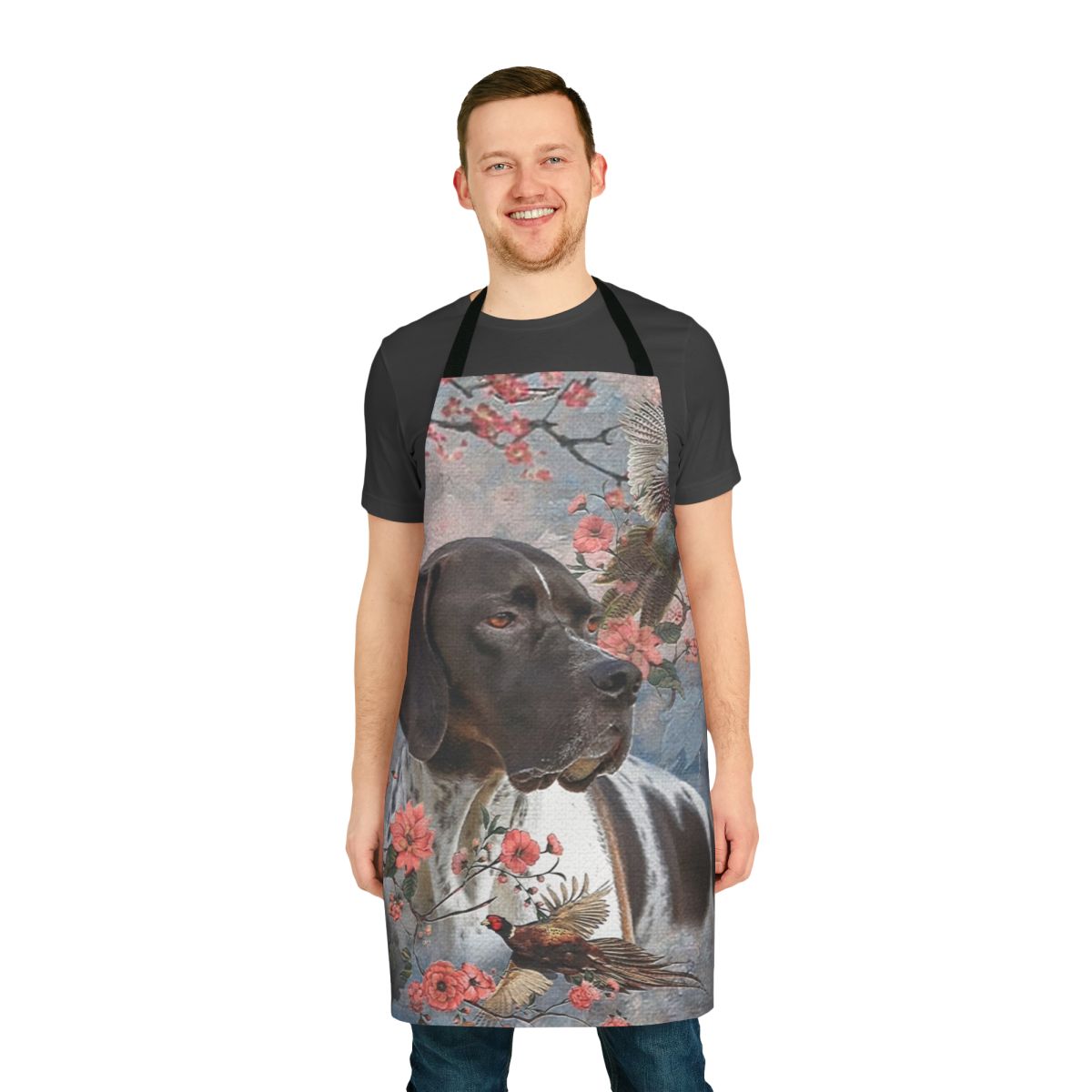 Beautiful apron featuring an English pointer dog in a hunting pose against a floral background