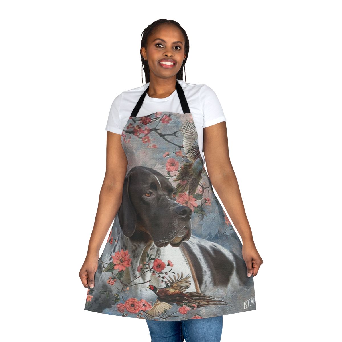 Beautiful apron featuring an English pointer dog in a hunting pose against a floral background