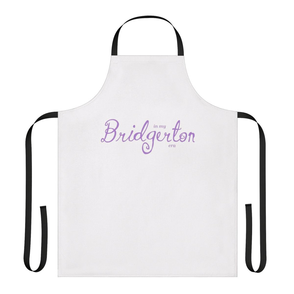 Model wearing a purple apron with a Bridgerton-inspired design