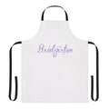 Model wearing a purple apron with a Bridgerton-inspired design