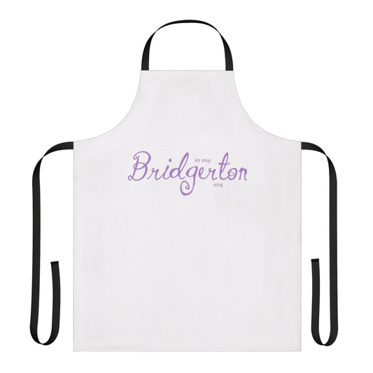 Model wearing a purple apron with a Bridgerton-inspired design