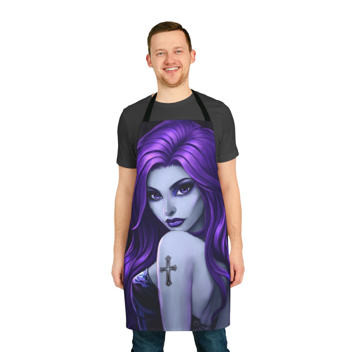 Stylish purple gothic apron with floral designs and dark aesthetic