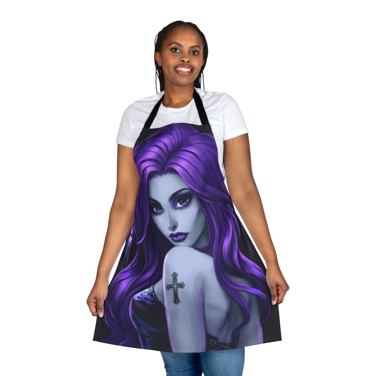 Stylish purple gothic apron with floral designs and dark aesthetic