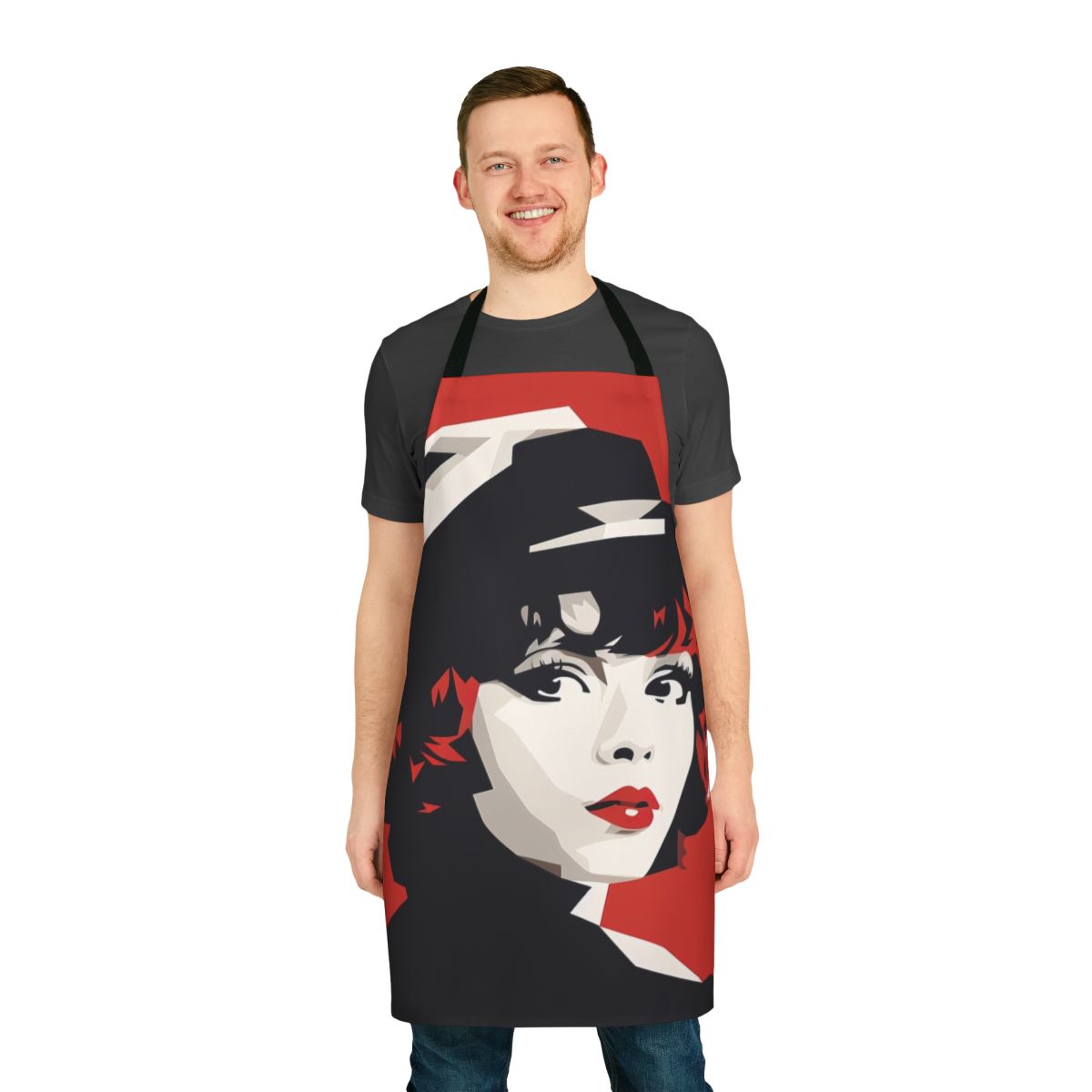 Retro-inspired red minimalist apron with vector art design paying tribute to classic Hollywood actress Clara Bow