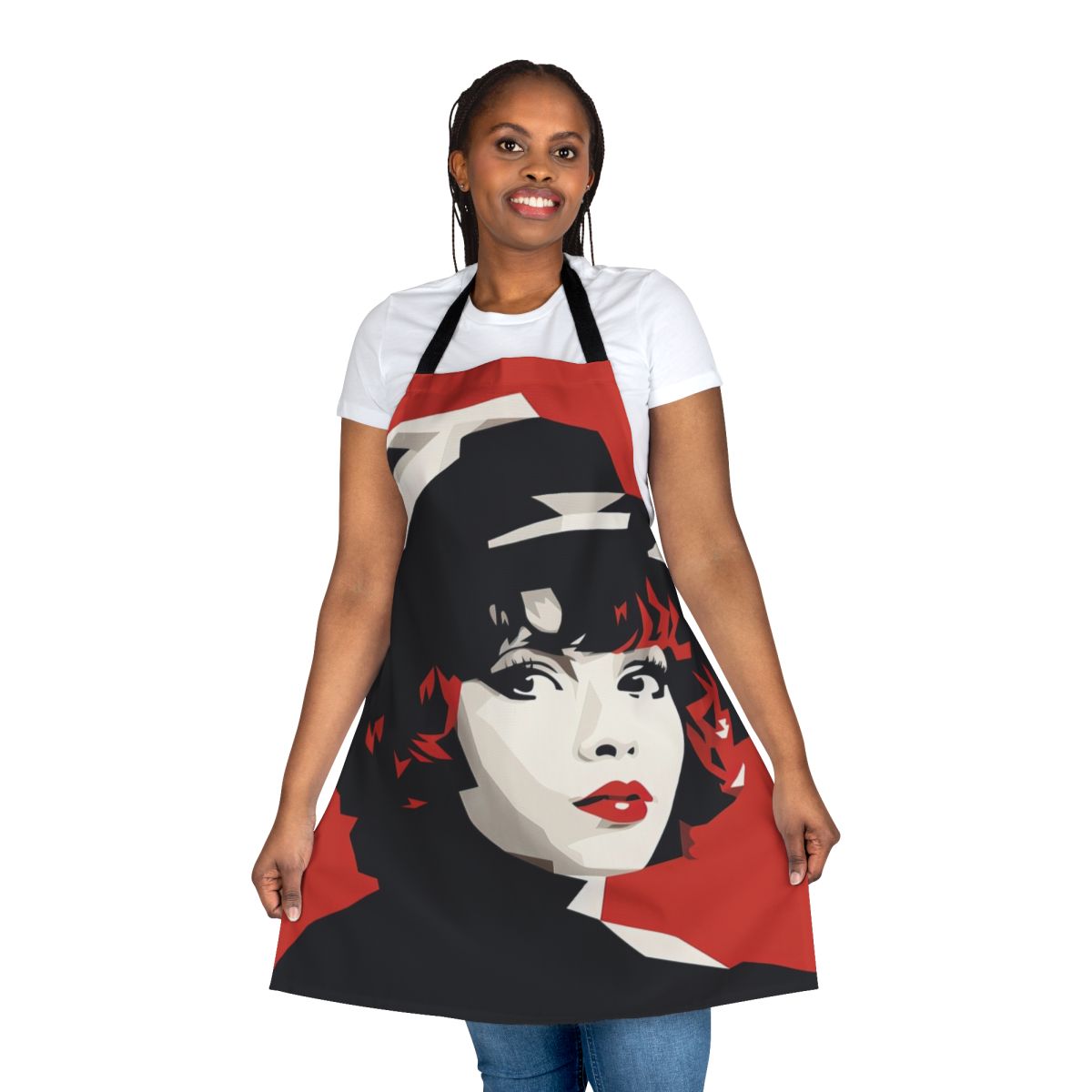 Retro-inspired red minimalist apron with vector art design paying tribute to classic Hollywood actress Clara Bow