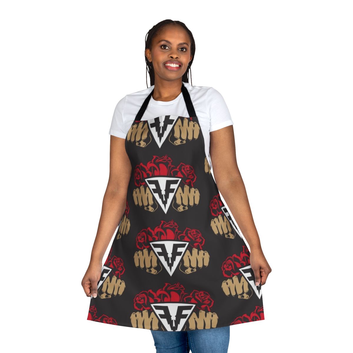 Vibrant rose floral design on a high-quality kitchen or gardening apron