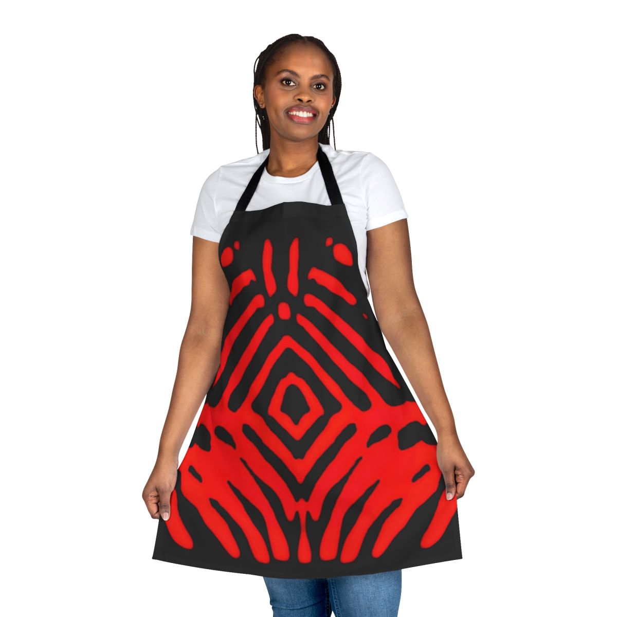 Closeup of a stylish ruby diamond-patterned apron