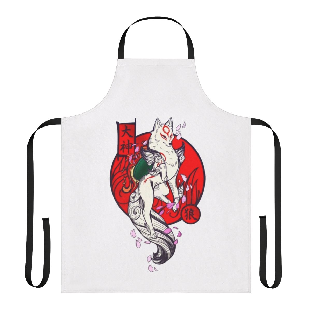 Elegant apron featuring a watercolor design of the Okami Japanese culture deity and sakura flowers