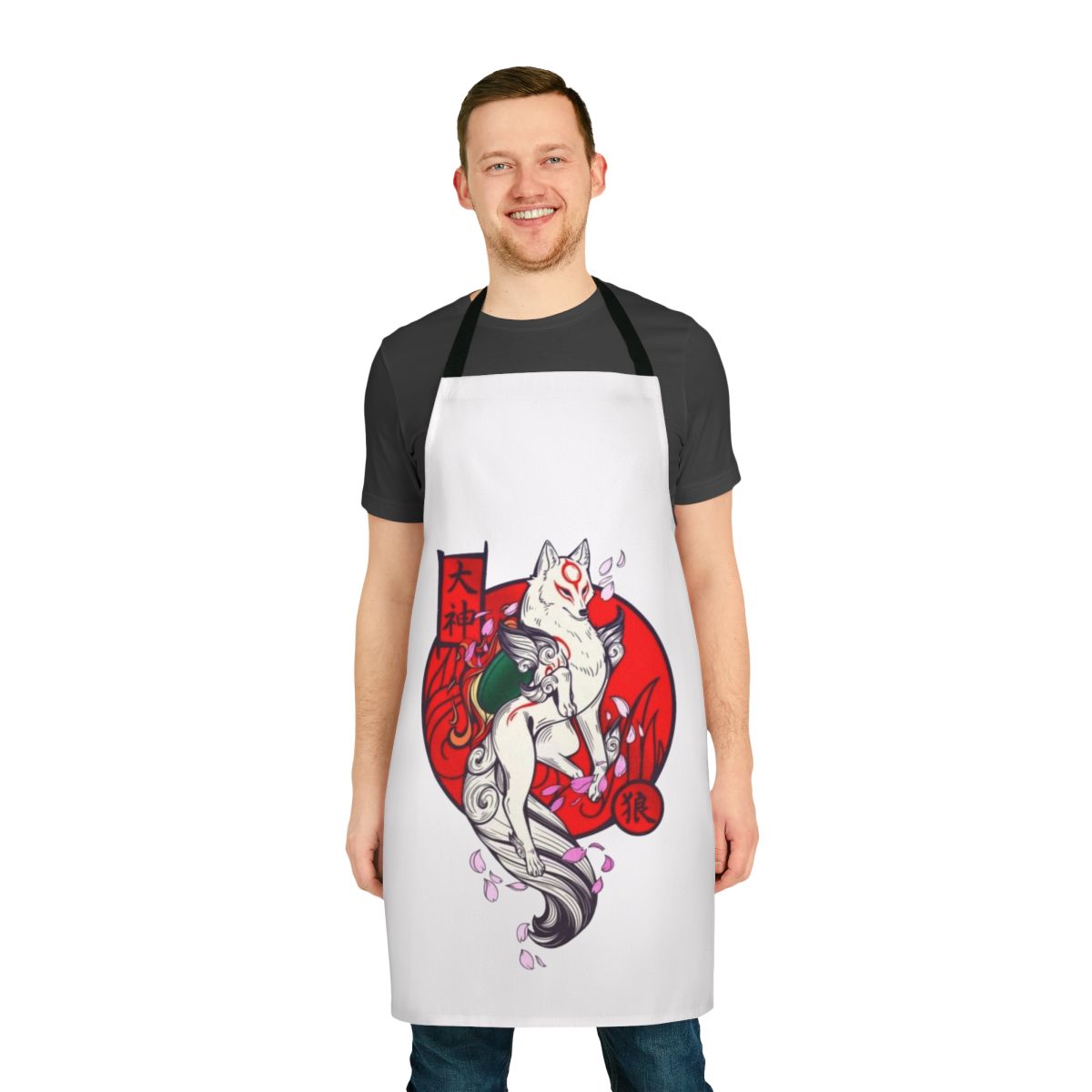 Elegant apron featuring a watercolor design of the Okami Japanese culture deity and sakura flowers