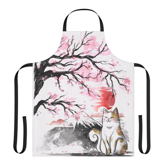 Beautifully designed sakura cat apron with cherry blossoms and Japanese motifs