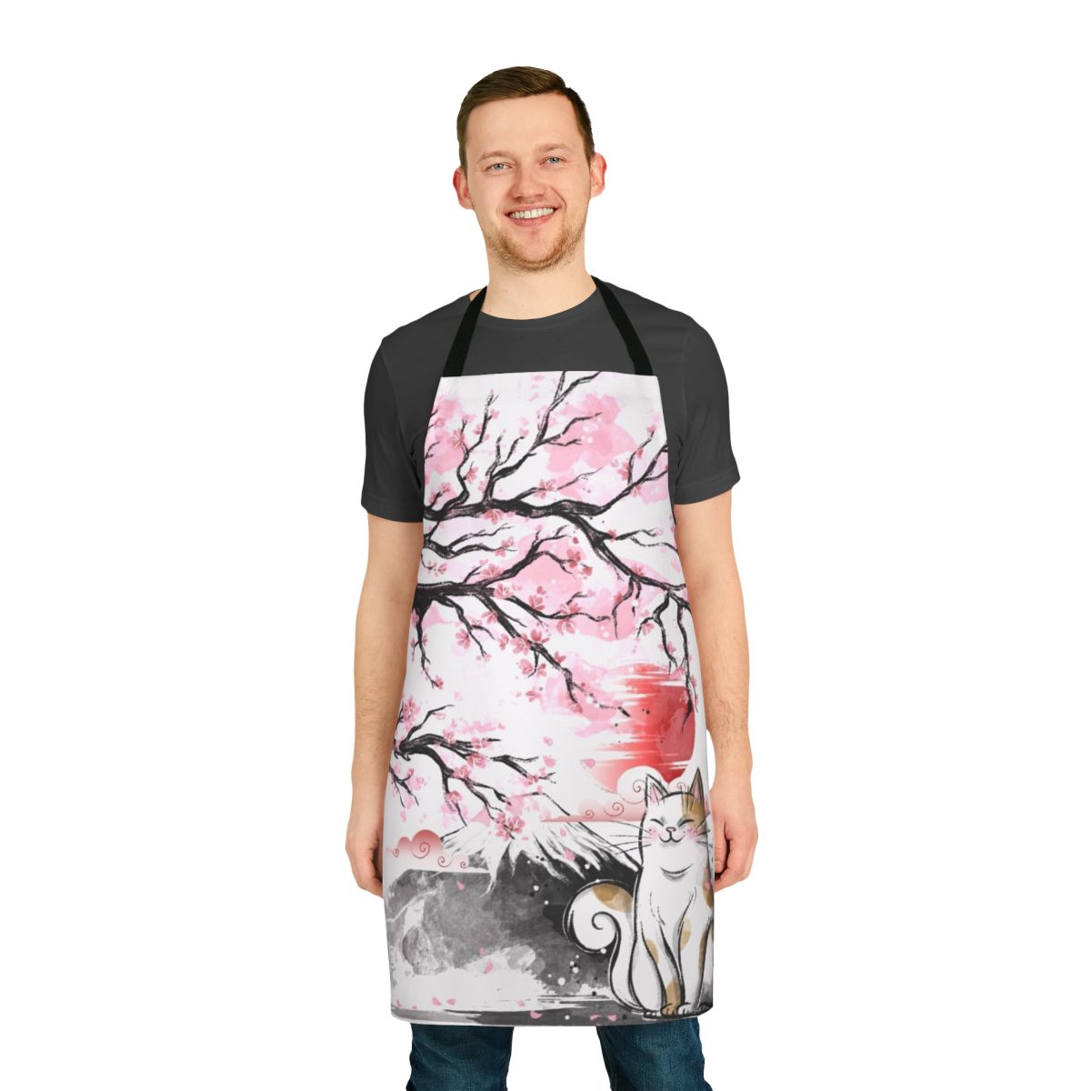 Beautifully designed sakura cat apron with cherry blossoms and Japanese motifs