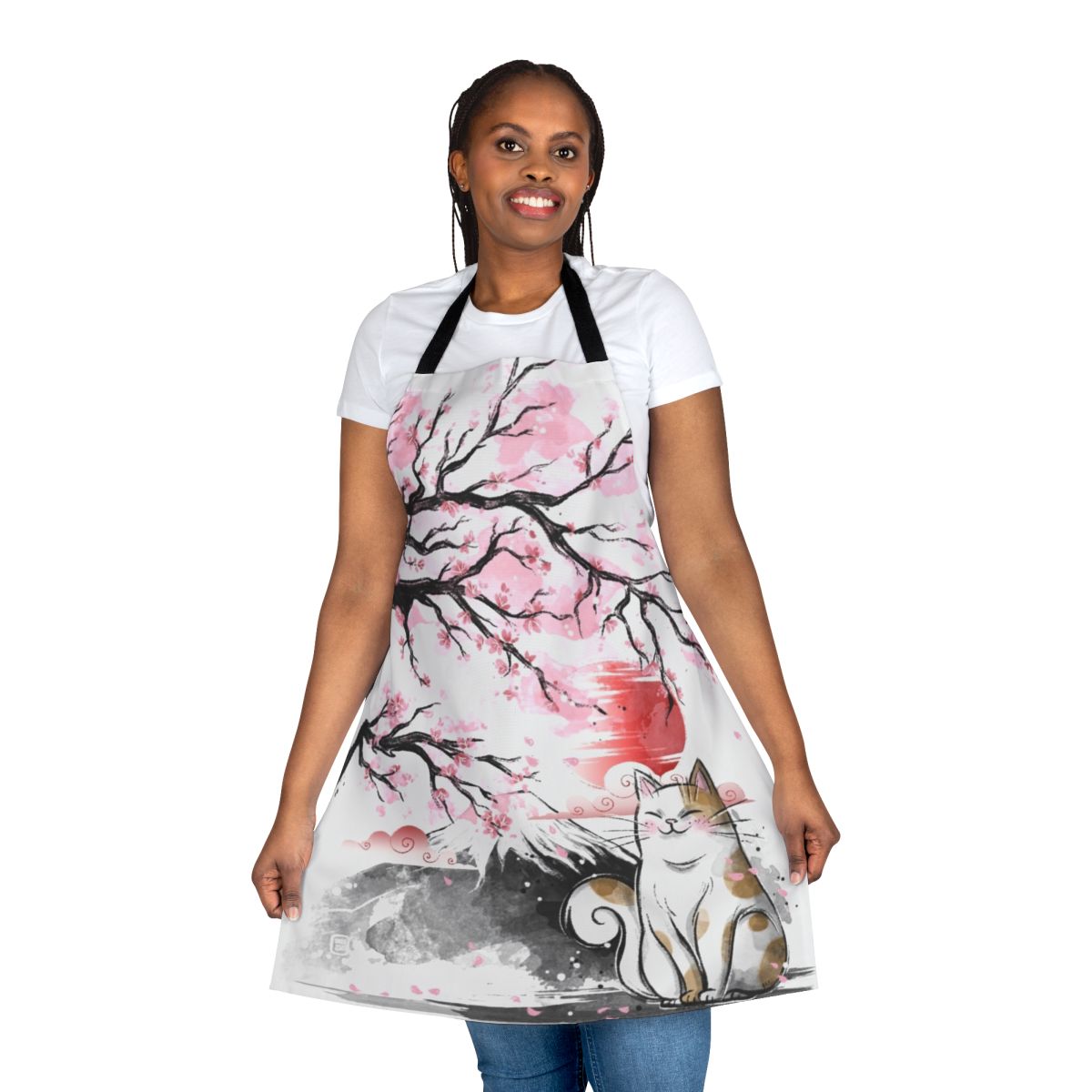 Beautifully designed sakura cat apron with cherry blossoms and Japanese motifs