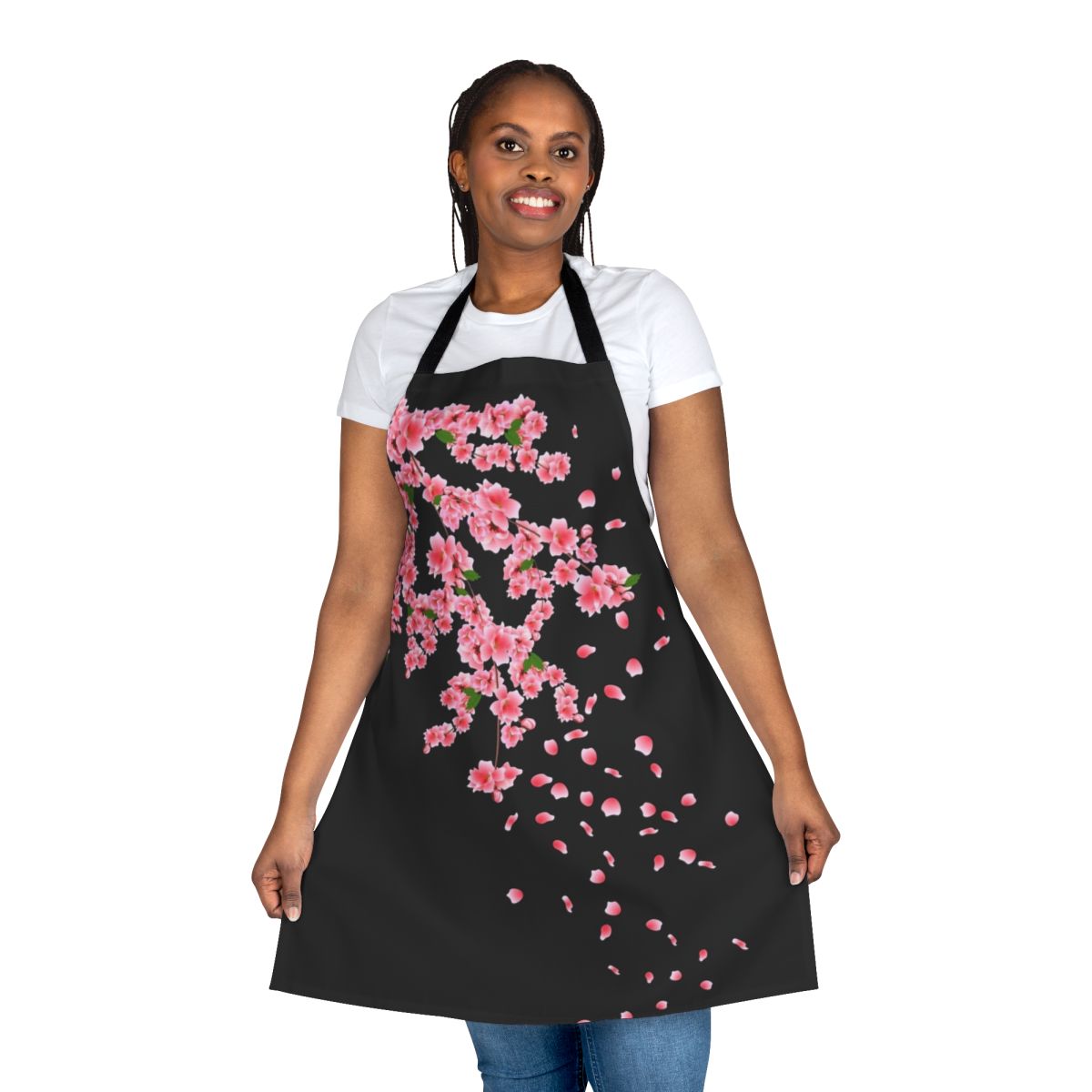 Beautifully designed cherry blossom apron featuring a pink floral pattern