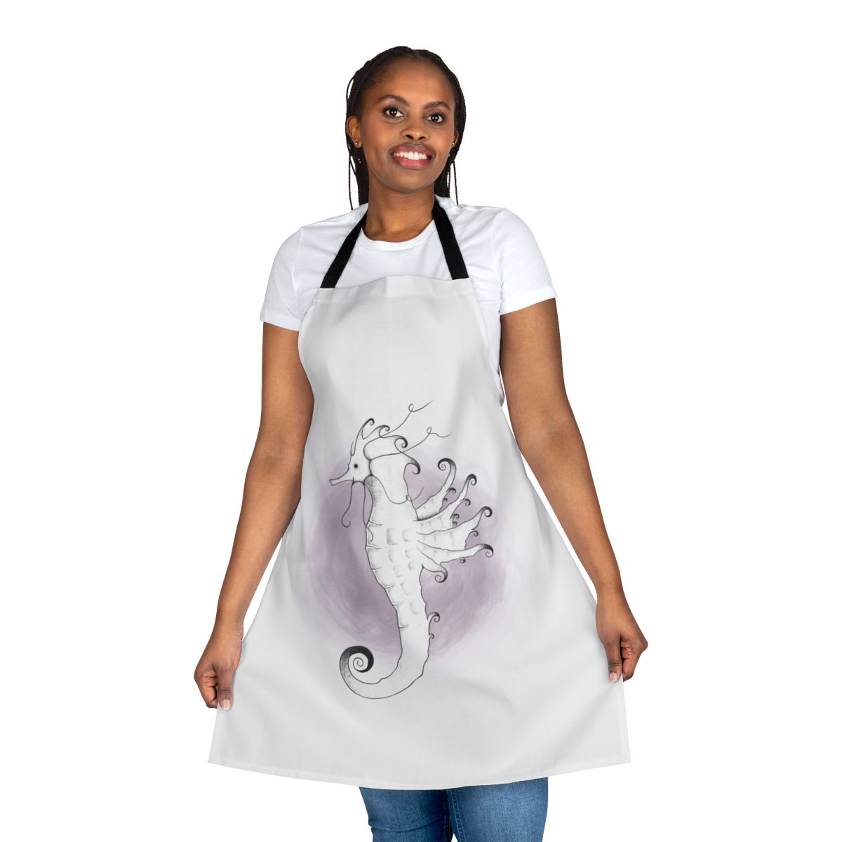 Stunning purple seahorse design on a high-quality apron