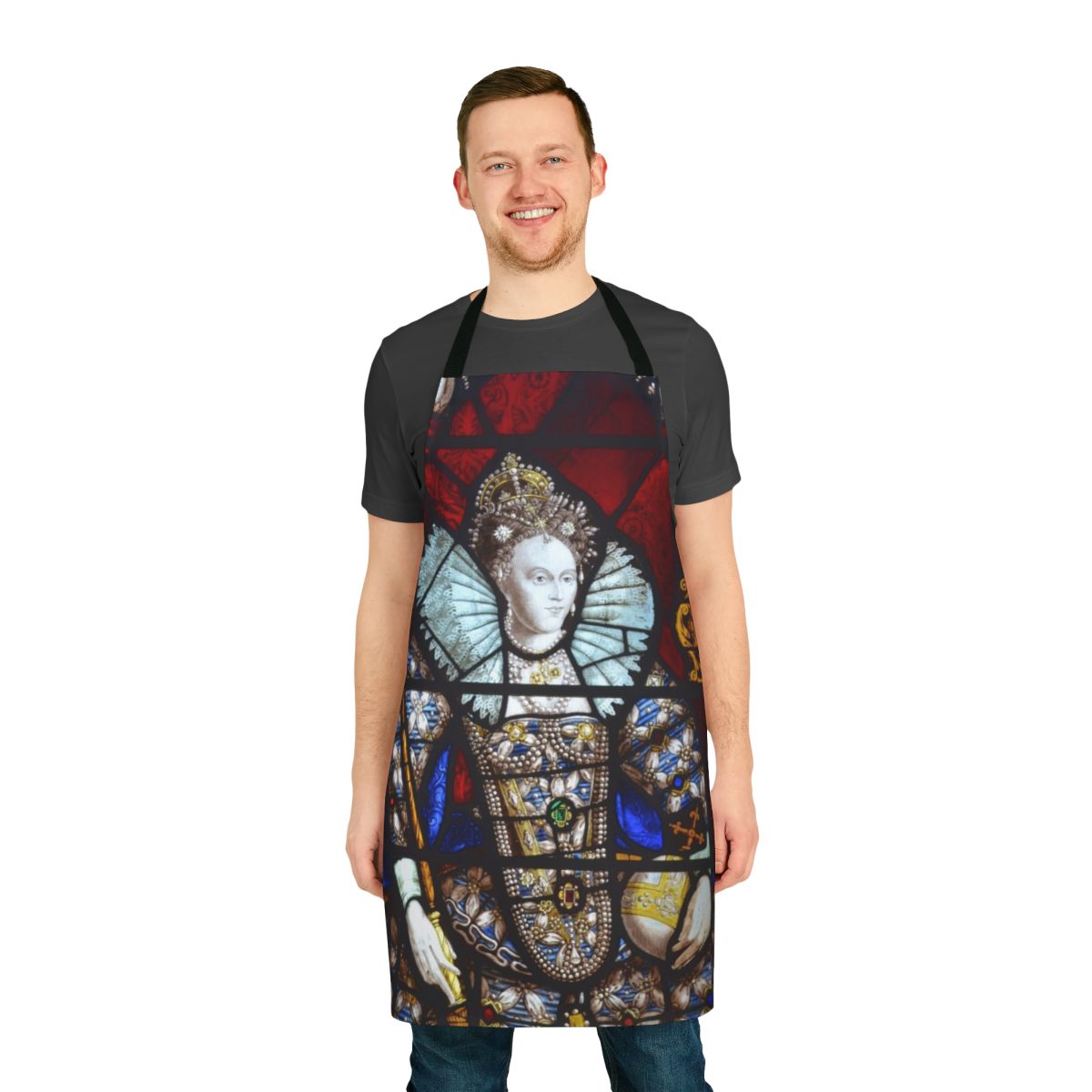 Stained glass inspired apron featuring a design of Queen Elizabeth I