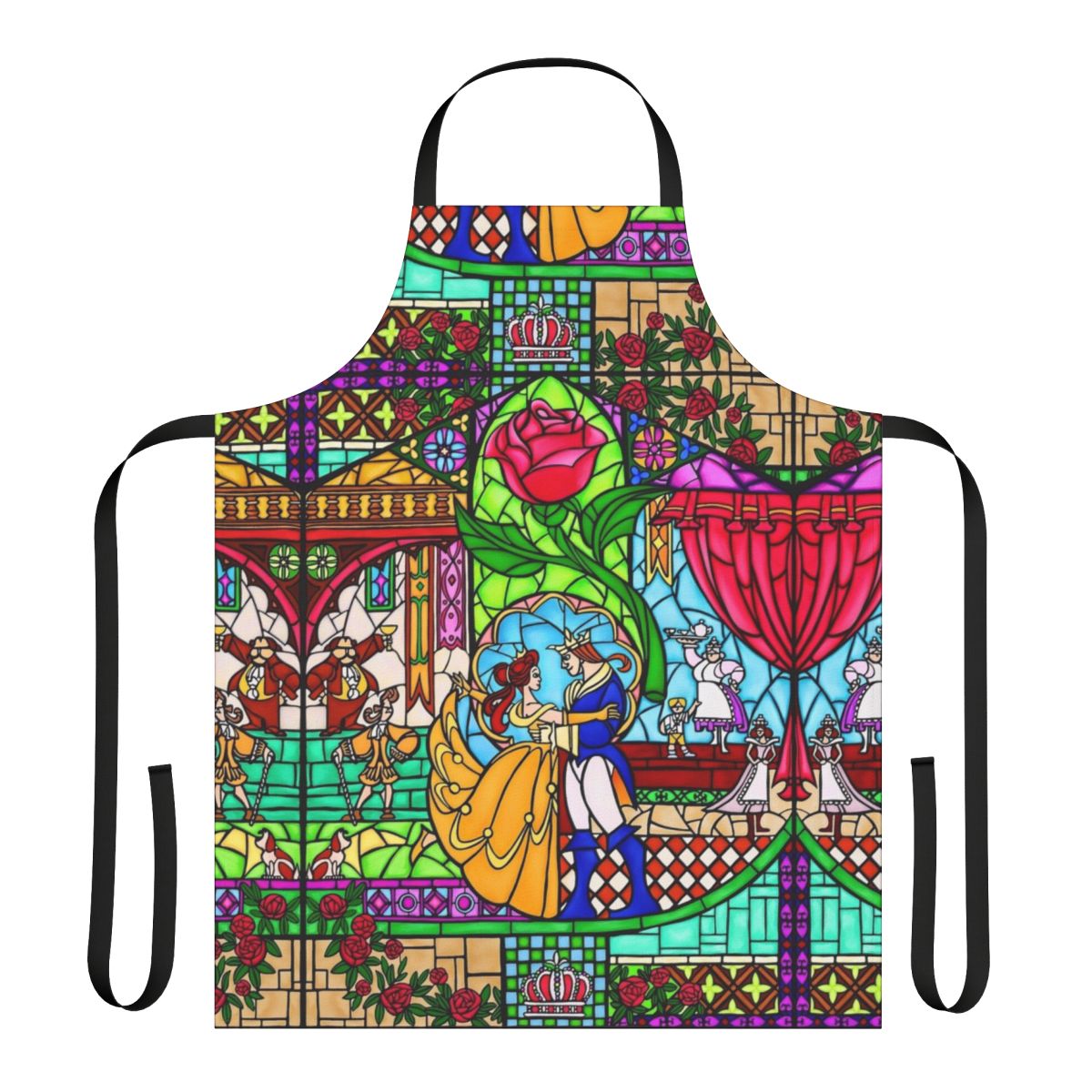 Decorative apron featuring a stained glass window design inspired by Beauty and the Beast