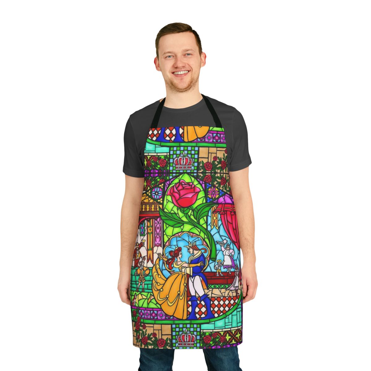 Decorative apron featuring a stained glass window design inspired by Beauty and the Beast