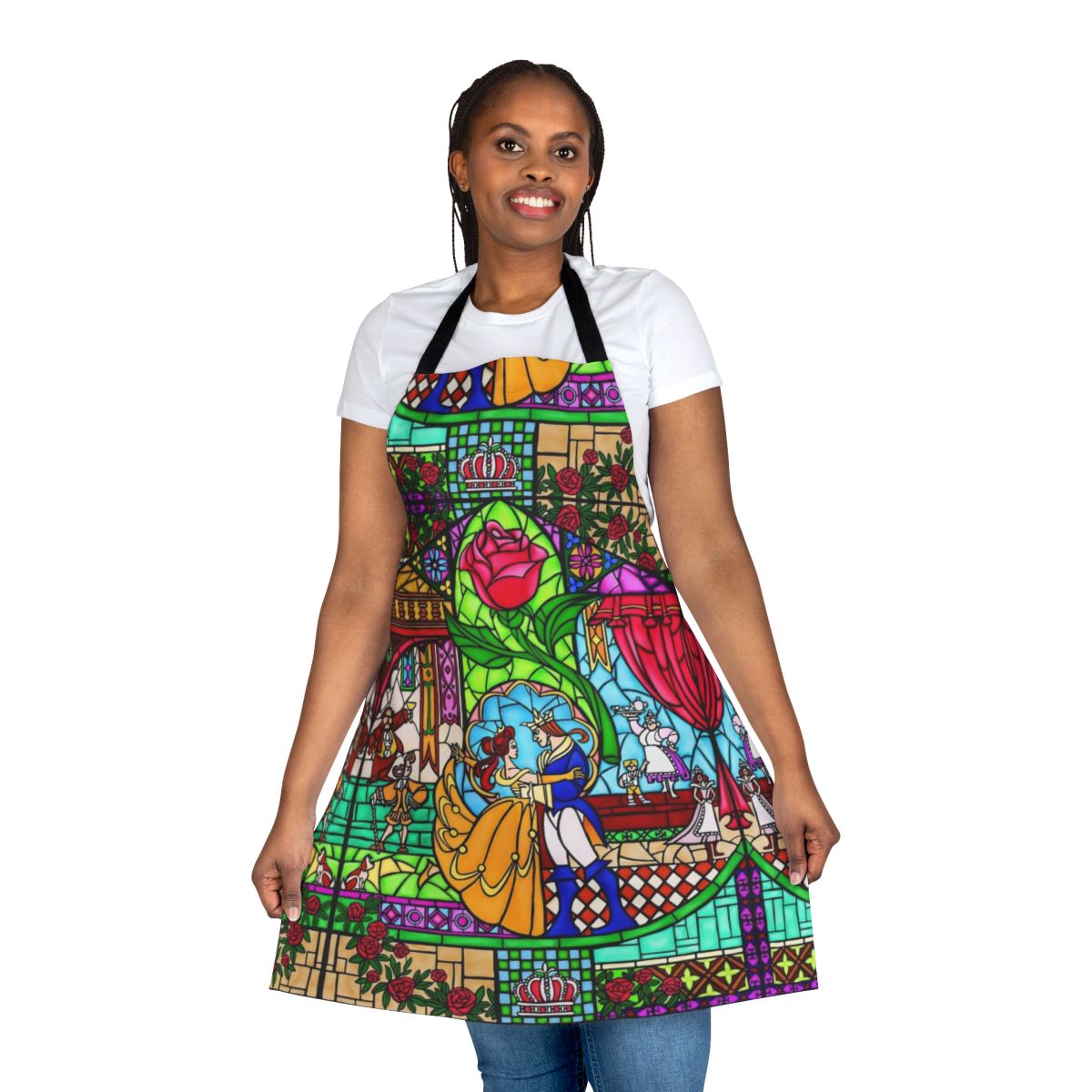 Decorative apron featuring a stained glass window design inspired by Beauty and the Beast