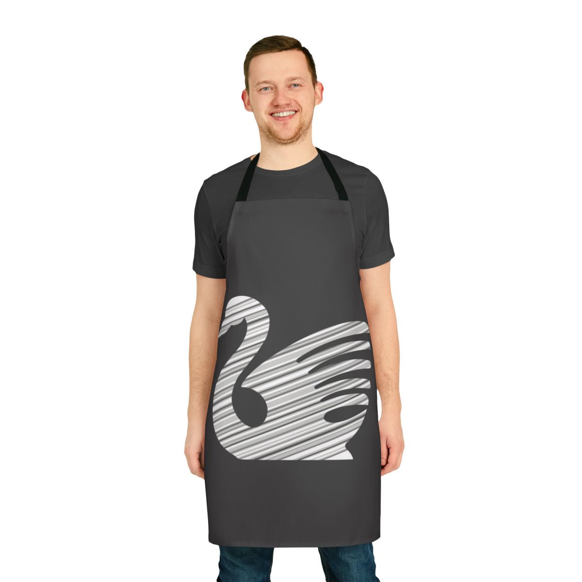 A white and black swan apron with abstract and colorful legendary animal artwork