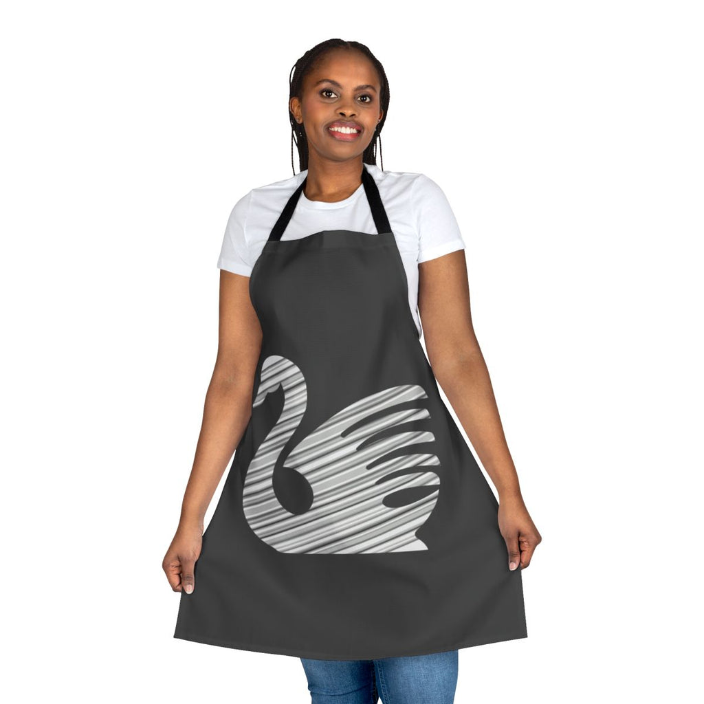 A white and black swan apron with abstract and colorful legendary animal artwork