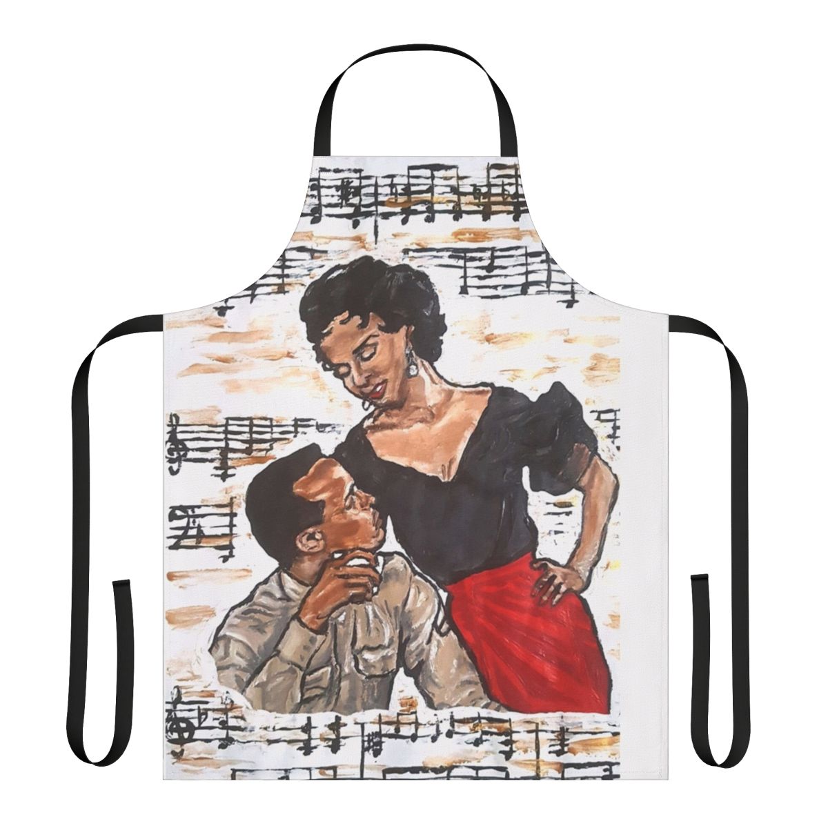 Vintage-inspired "That's Love" apron featuring Carmen Jones opera theme with black, red, and brown colors