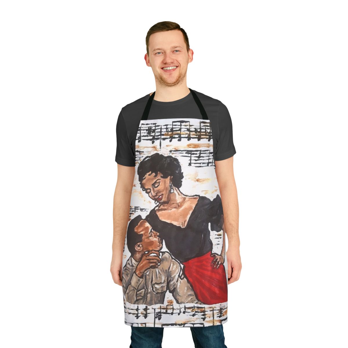 Vintage-inspired "That's Love" apron featuring Carmen Jones opera theme with black, red, and brown colors