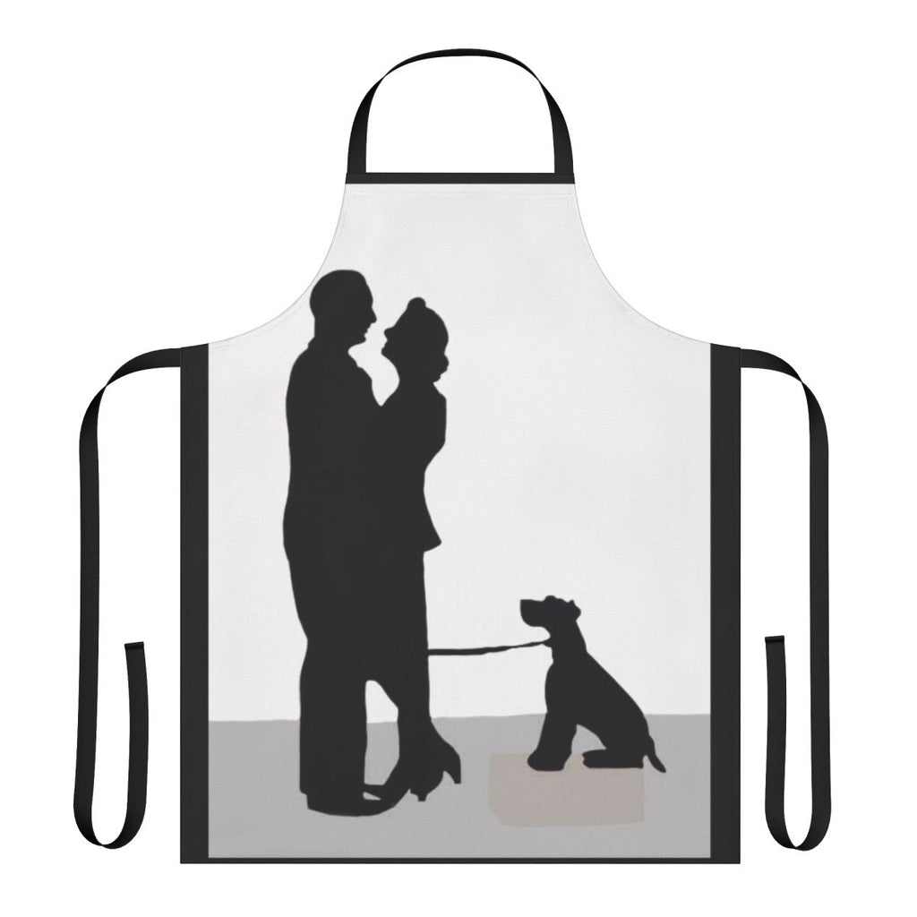 Thin Man inspired apron featuring classic black and white silhouettes of Nick and Nora Charles and their dog Asta