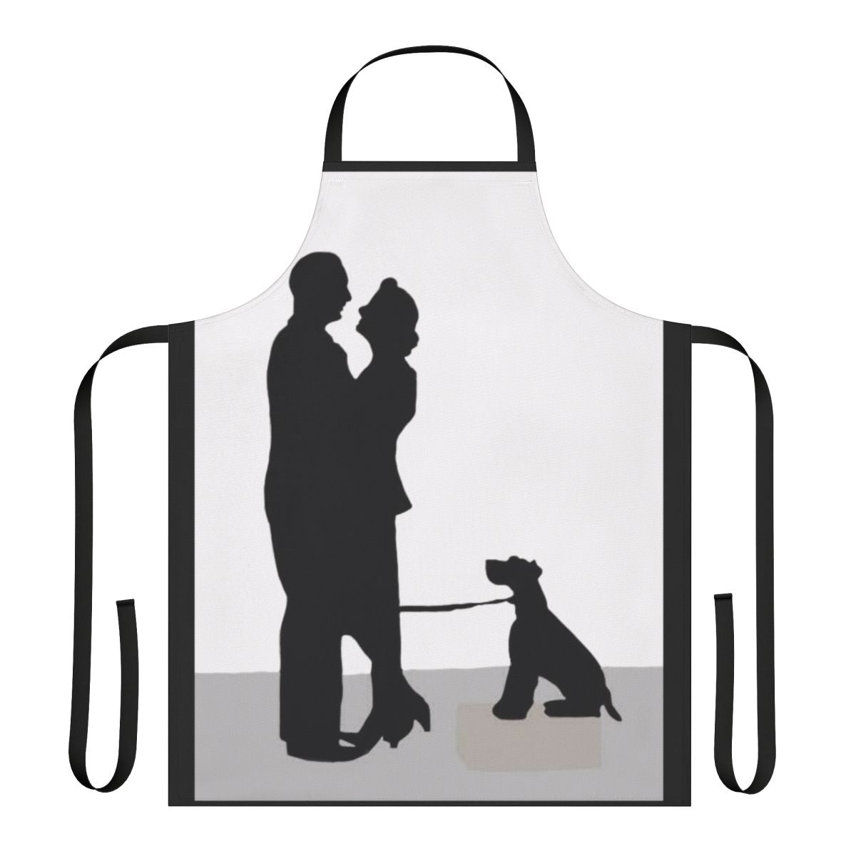 Thin Man inspired apron featuring classic black and white silhouettes of Nick and Nora Charles and their dog Asta