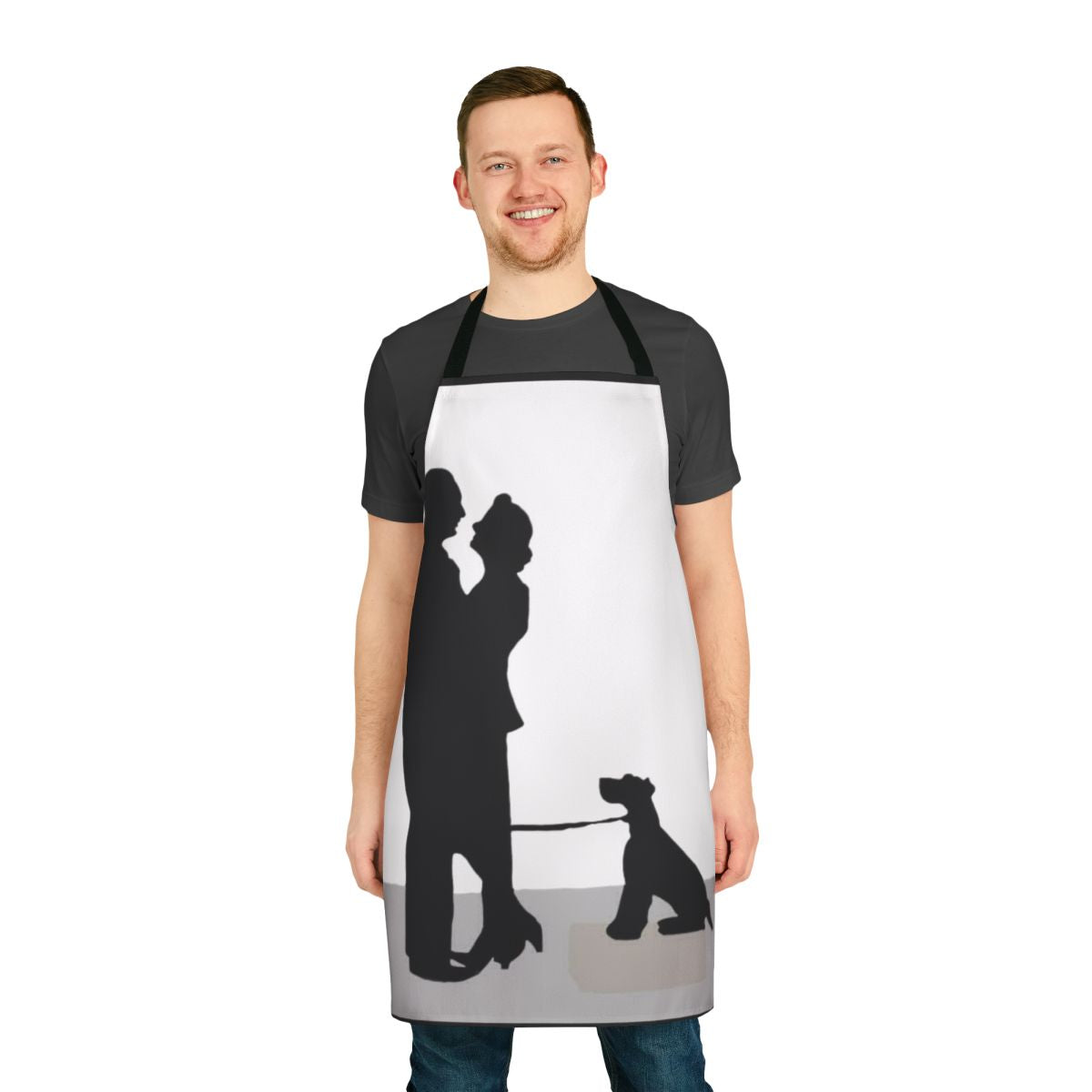 Thin Man inspired apron featuring classic black and white silhouettes of Nick and Nora Charles and their dog Asta