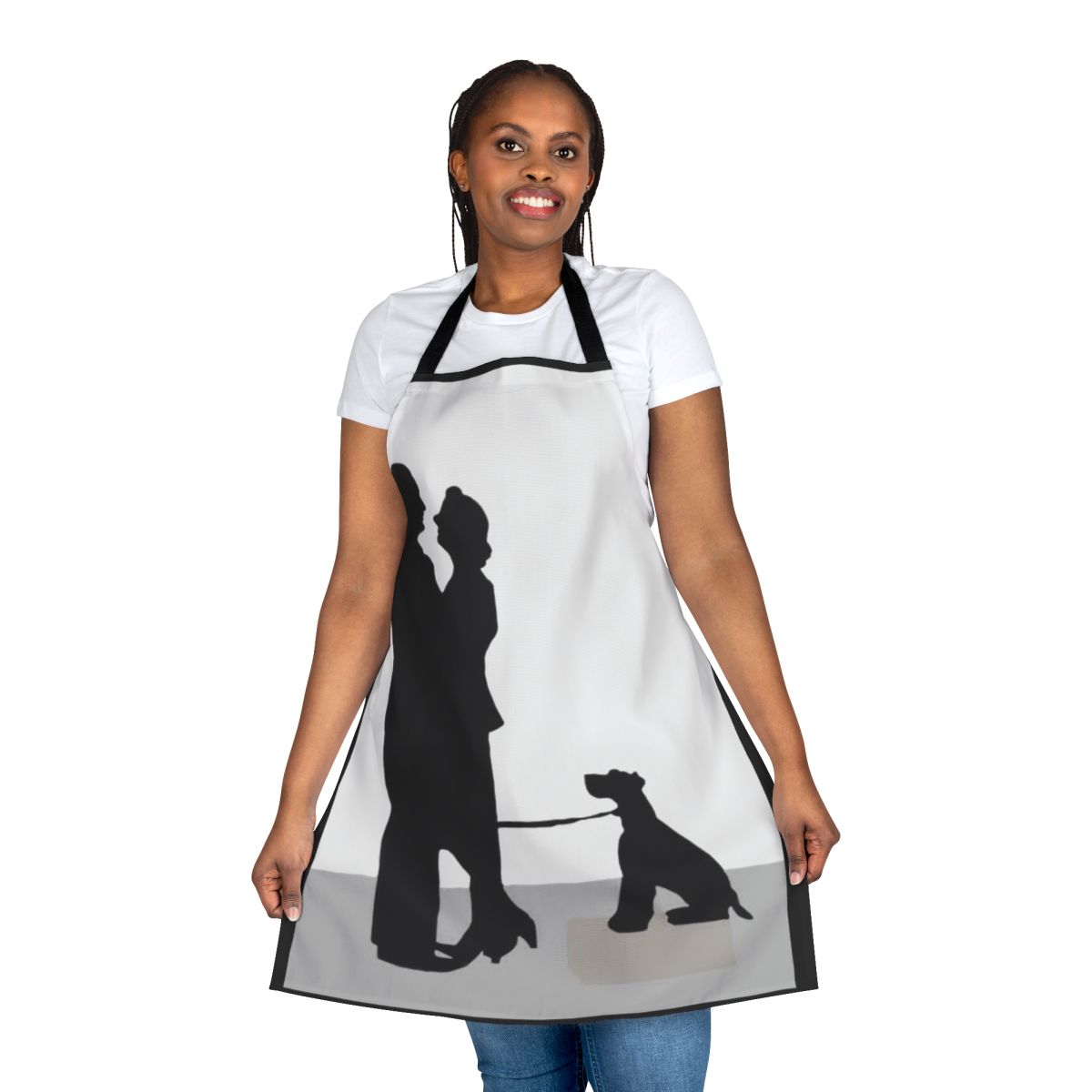 Thin Man inspired apron featuring classic black and white silhouettes of Nick and Nora Charles and their dog Asta