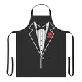 A black and white tuxedo-themed apron with a rose design, suitable for formal or costume events.