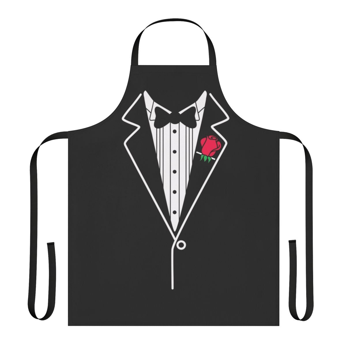 A black and white tuxedo-themed apron with a rose design, suitable for formal or costume events.